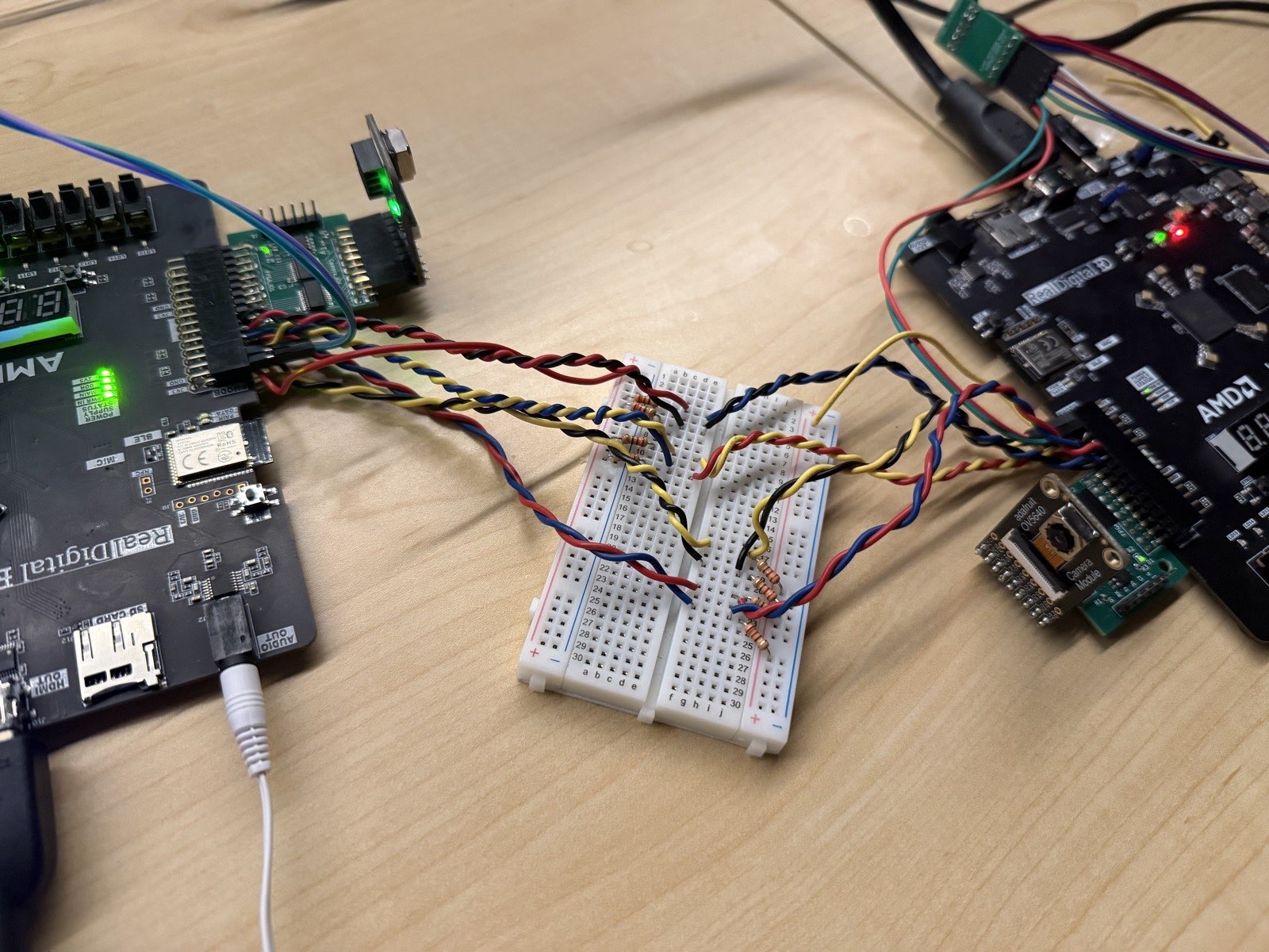 Two RealDigital FPGA boards linked through a breadboard of twisted-pair jumpers and series resistors, with an OV5640 camera module and an audio cable